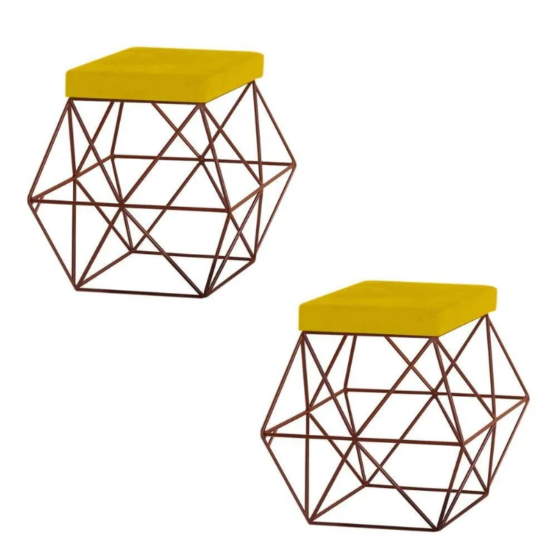 2 Puffs Decorativo Base Bronze Trixie Suede Amarelo