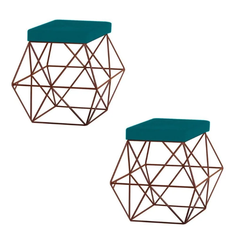2 Puffs Decorativo Base Bronze Trixie Suede Azul Claro