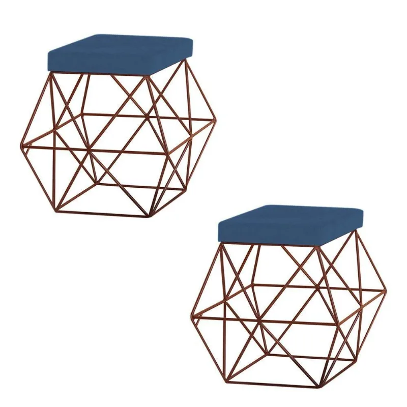 2 Puffs Decorativo Base Bronze Trixie Suede Azul Marinho