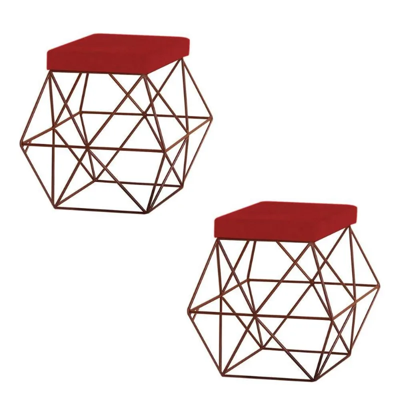 Kit 2 Puffs Decorativo Base Bronze Trixie Suede Vermelho