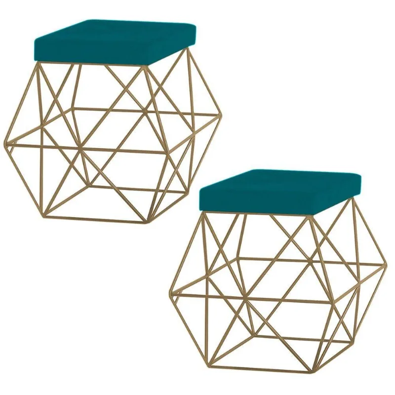 KKit 2 Puffs Decorativo Base Gold Trixie Suede Azul Claro