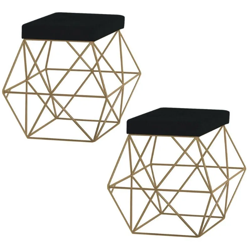 Kit 2 Puffs Decorativo Base Gold Trixie Suede Preto