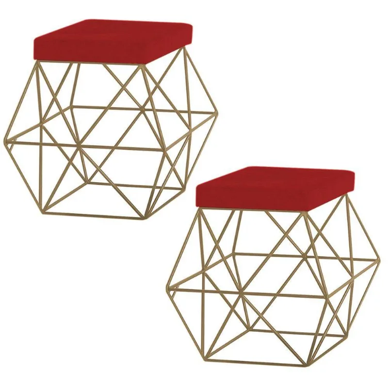 Kit 2 Puffs Decorativo Base Gold Trixie Suede Vermelho