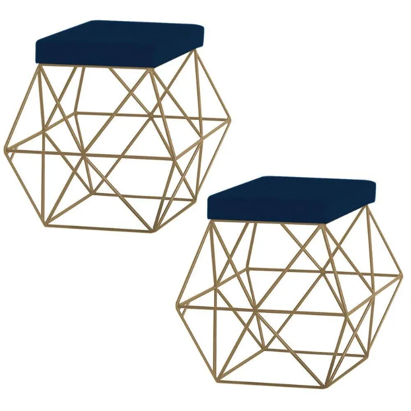 Kit 2 Puffs Decorativo Base Gold Trixie Suede Azul