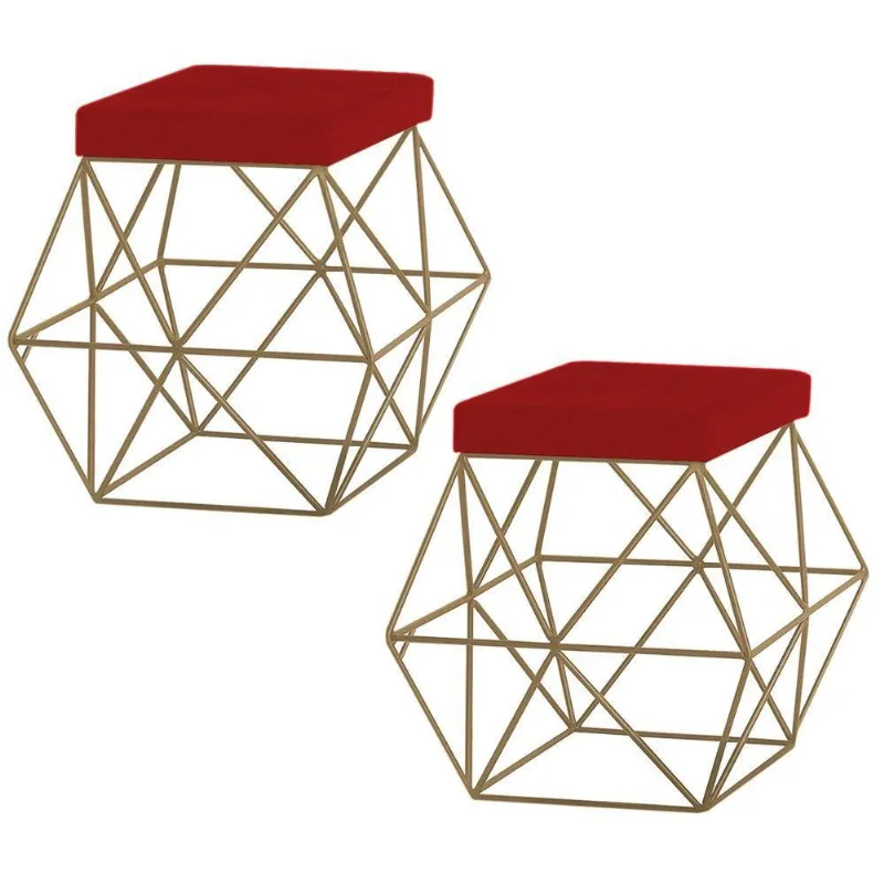 Kit 2 Puffs Decorativo Base Gold Trixie Veludo Vermelho