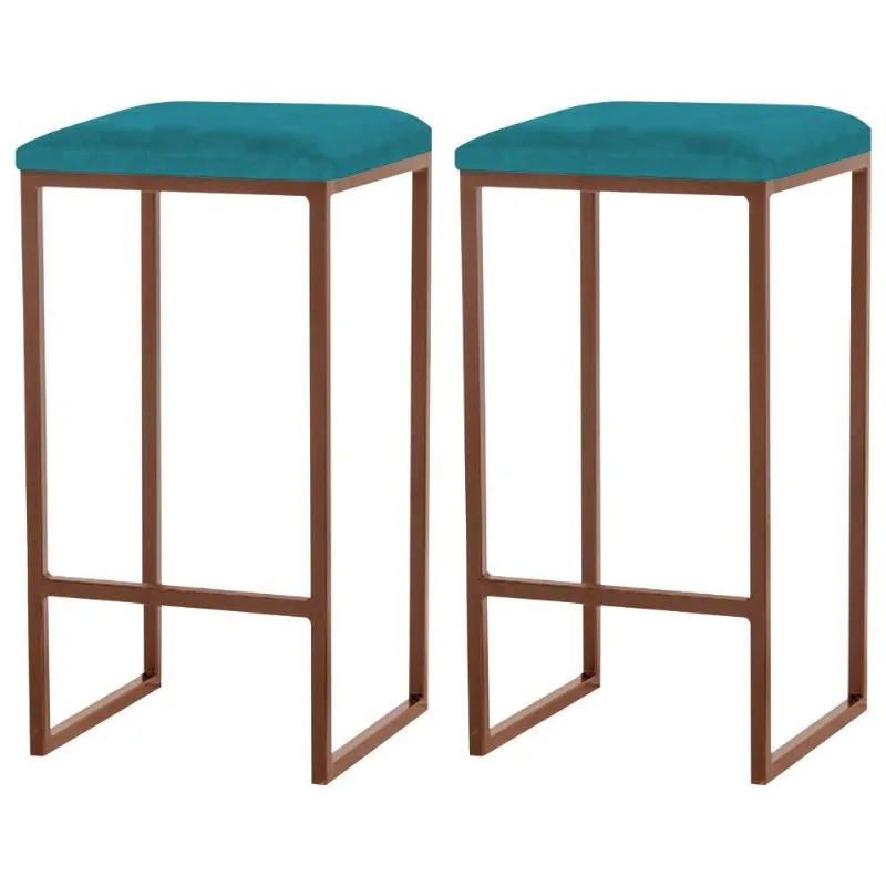 Kit 2 Banqueta Billie Base Bronze Suede Azul Claro Gran Belo
