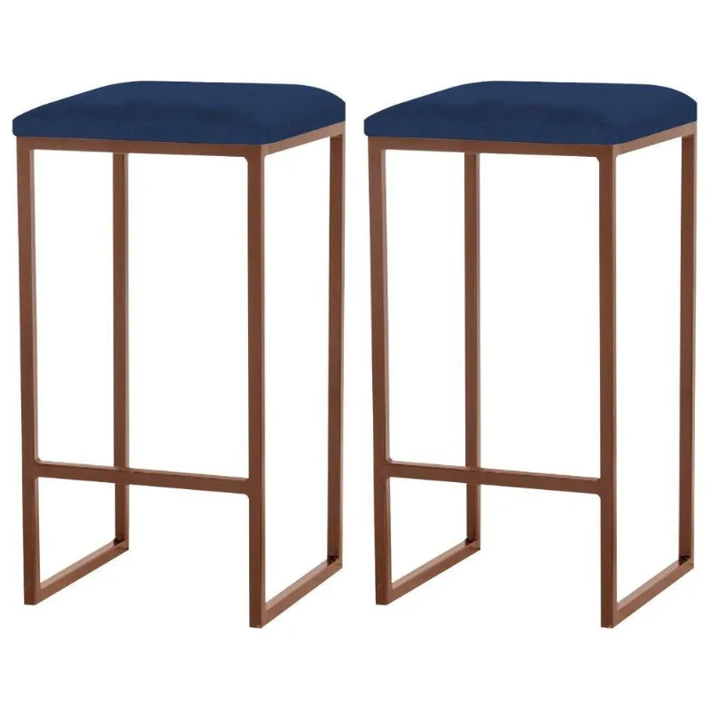 Kit 2 Banqueta Billie Base Bronze Veludo Azul Gran Belo
