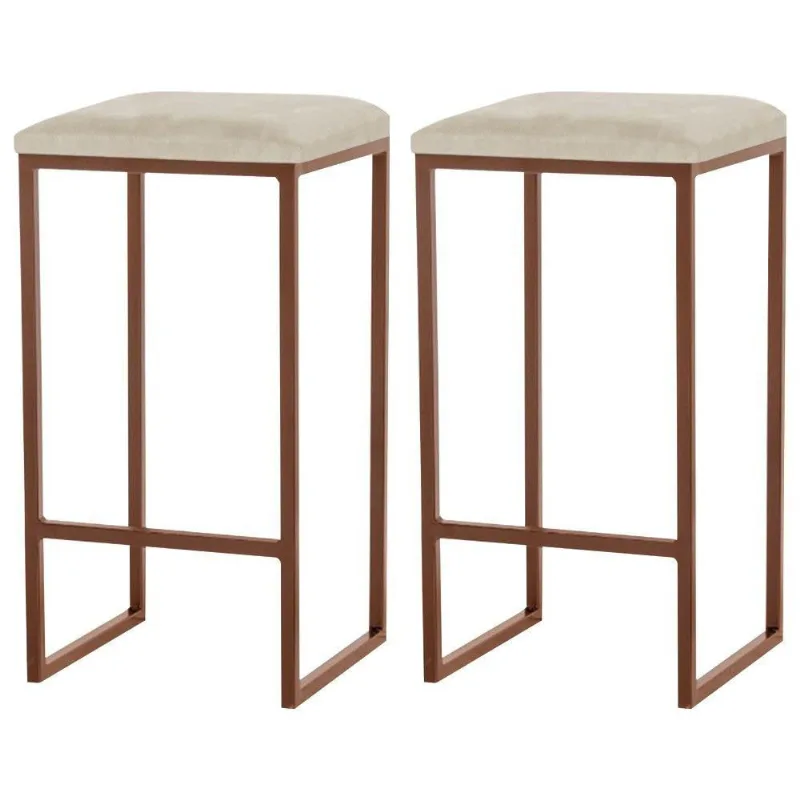 Kit 2 Banqueta Billie Base Bronze Veludo Bege Gran Belo