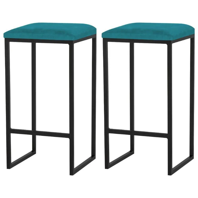 Kit 2 Banqueta Billie Base Preta Suede Azul Claro Gran Belo