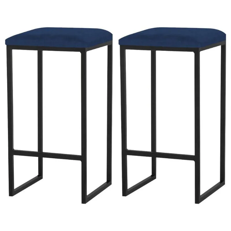 Kit 2 Banqueta Billie Base Preta Veludo Azul Gran Belo - Gran Belo