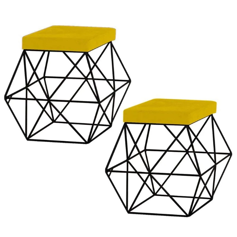 Kit 2 Puffs Decorativo Base Preto Trixie Suede Amarelo