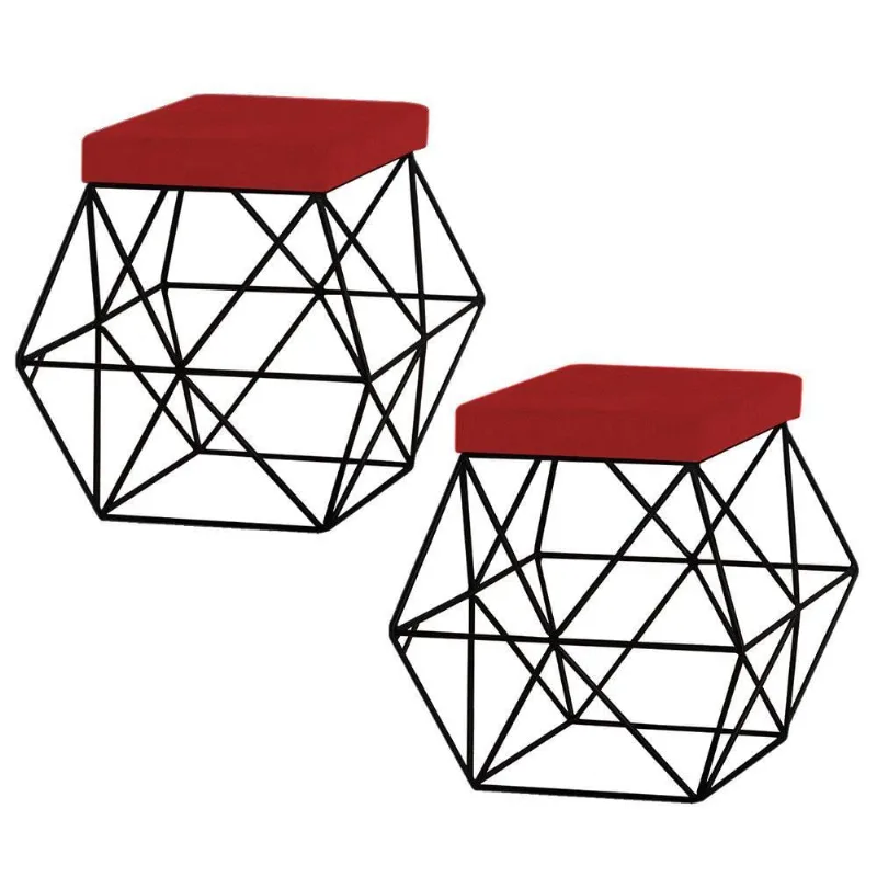 Kit 2 Puffs Decorativo Base Preto Trixie Suede Vermelho