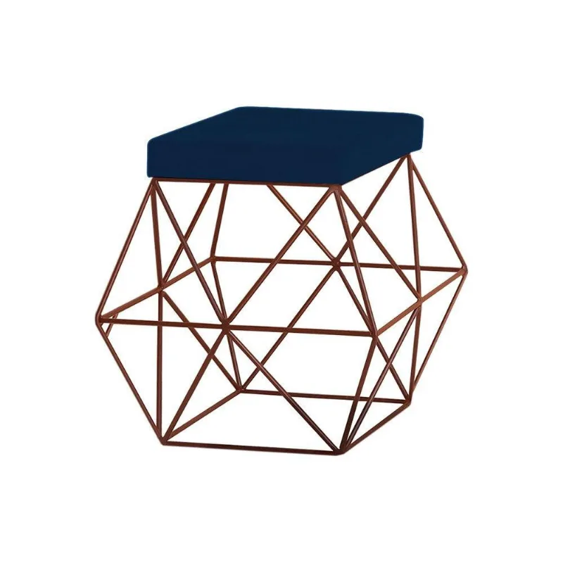 Puff Decorativo Base Bronze Trixie Veludo Azul Gran Belo