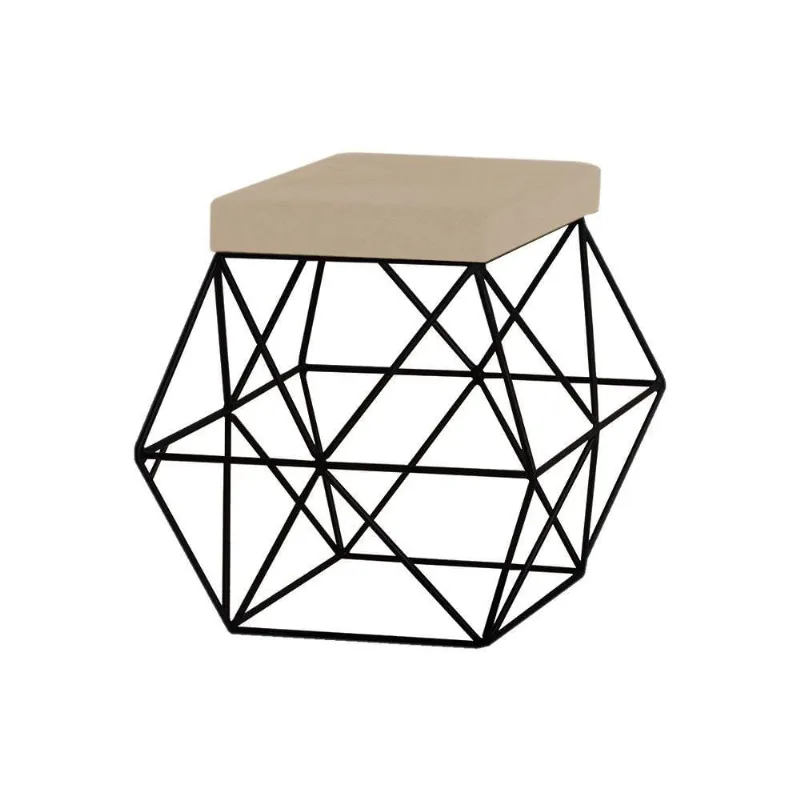 Puff Decorativo Base Preto Trixie Veludo Bege Gran Belo