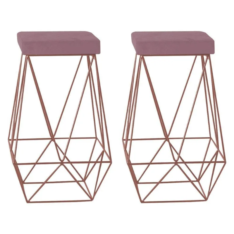 Kit 2 Banquetas Kathy Base Bronze Veludo Rosê Gran Belo