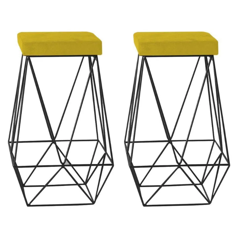 Kit 2 Banquetas Decorativas Kathy Base Preta Suede Amarelo