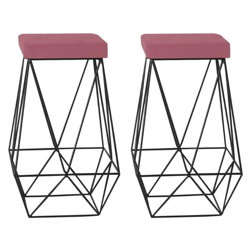 Kit 2 Banquetas Kathy Base Preta Suede Rosa Gran Belo