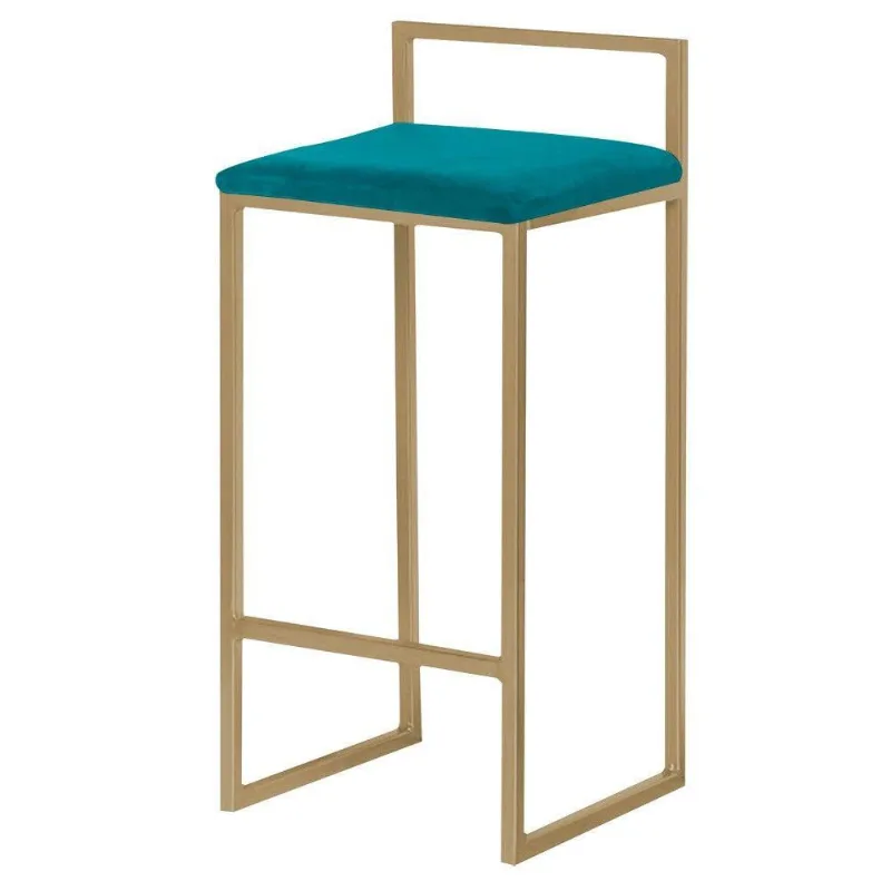 Banqueta Decorativa Jasmine Base Gold Suede Azul Claro