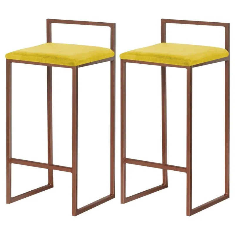 Kit 2 Banquetas Decorativa Jasmine Base Bronze Suede Amarelo