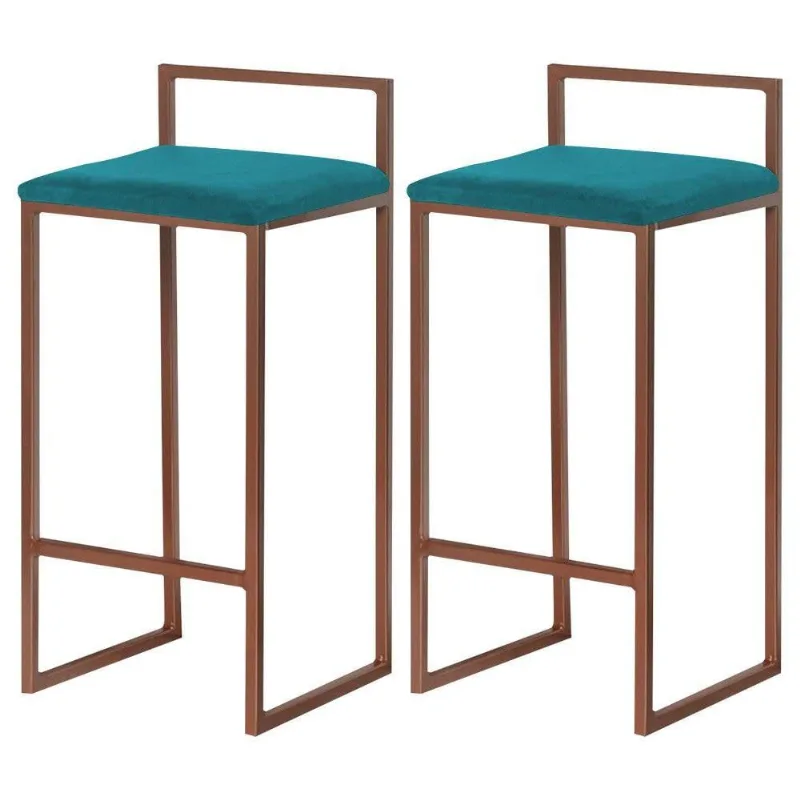 Kit 2 Banquetas Decorativa Base Bronze Suede Azul Claro