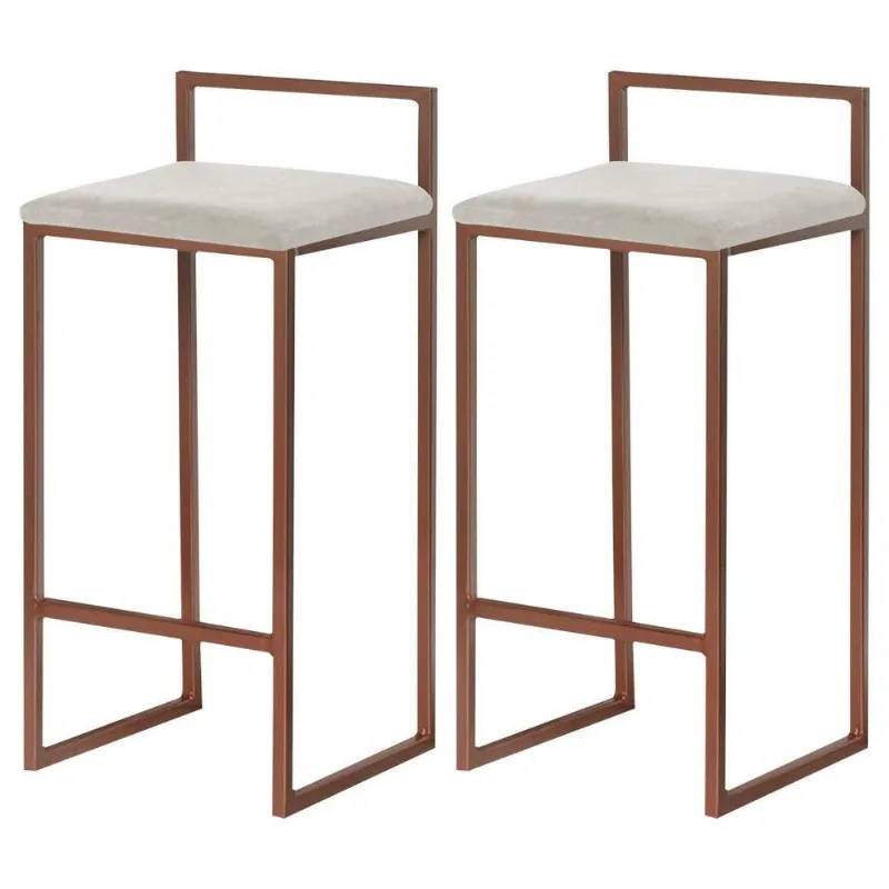 Kit 2 Banquetas Decorativa Jasmine Base Bronze Suede Bege