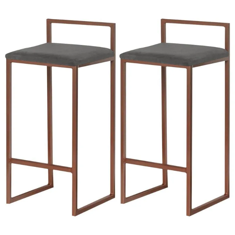 Kit 2 Banquetas Decorativa Jasmine Base Bronze Suede Cinza