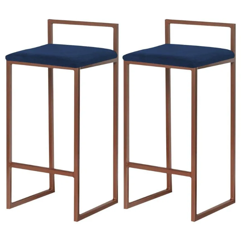 Kit 2 Banquetas Decorativa Jasmine Base Bronze Veludo Azul