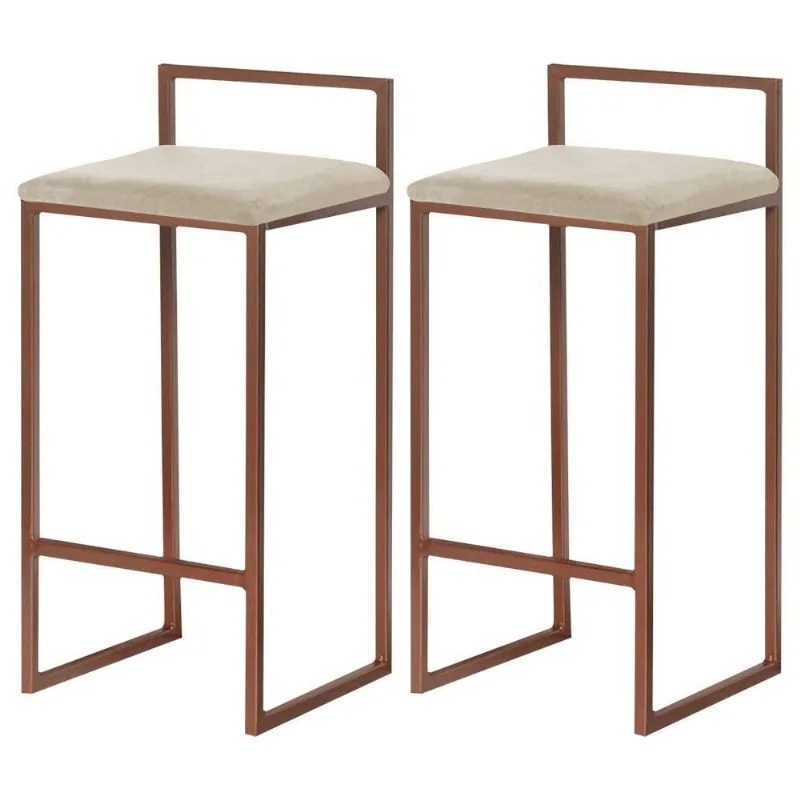 Kit 2 Banquetas Decorativa Jasmine Base Bronze Veludo Bege