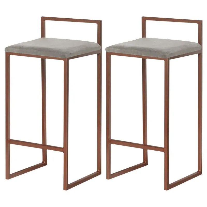 Kit 2 Banquetas Decorativa Jasmine Base Bronze Veludo Cinza