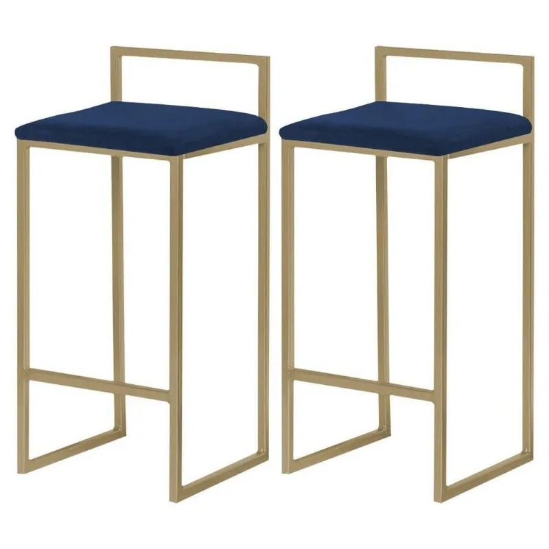 Kit 2 Banquetas Decorativa Jasmine Base Gold Veludo Azul - Gran Belo