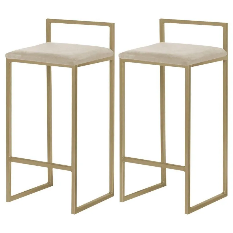 Kit 2 Banquetas Decorativa Jasmine Base Gold Veludo Bege
