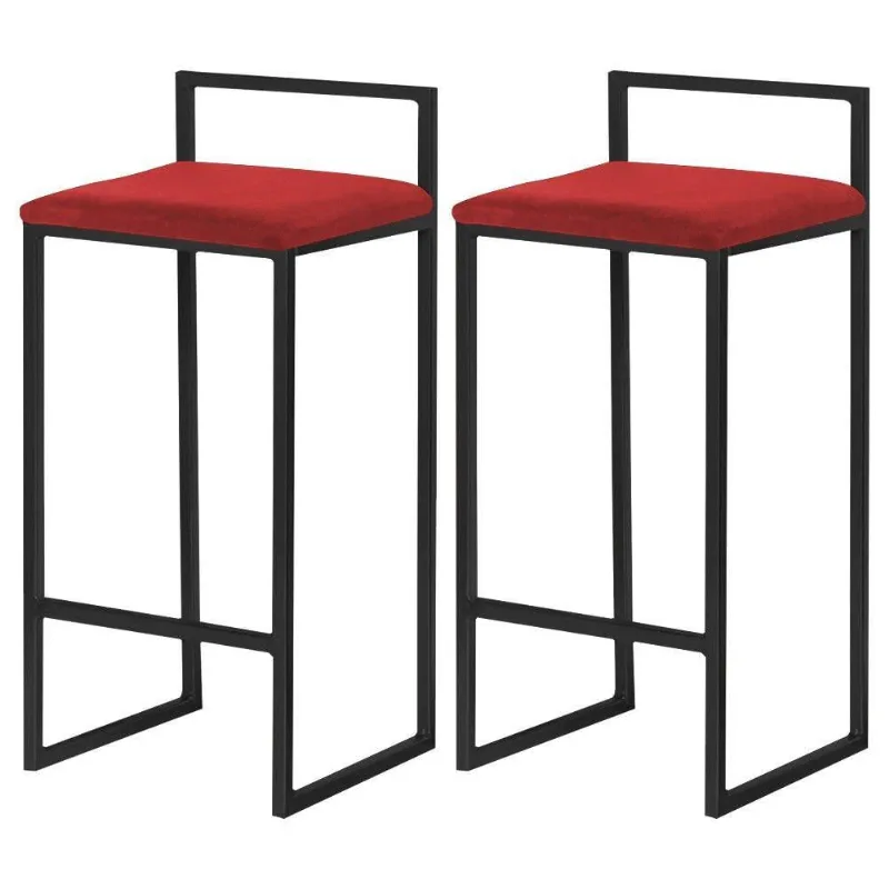 Kit 2 Banquetas Decorativa Jasmine Base Preto Suede Vermelho
