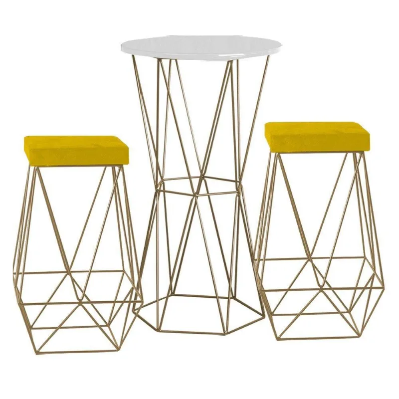 Bistrô Rizzo Branco e Banqueta Kathy Amarelo com Bases Gold - Gran Belo