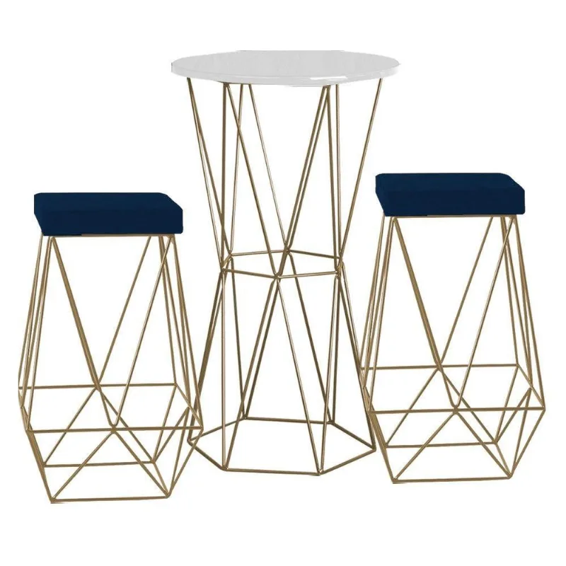 Bistrô Rizzo Branco e Banqueta Kathy Azul com Bases Gold - Gran Belo
