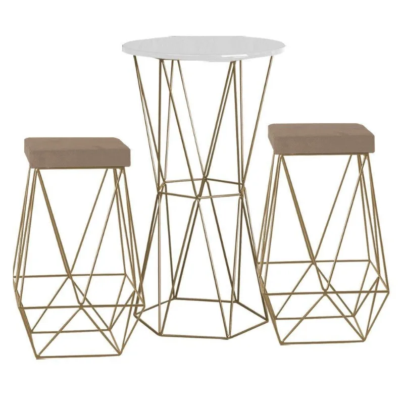 Bistrô Rizzo Branco e Banqueta Kathy Cappuccino Bases Gold - Gran Belo