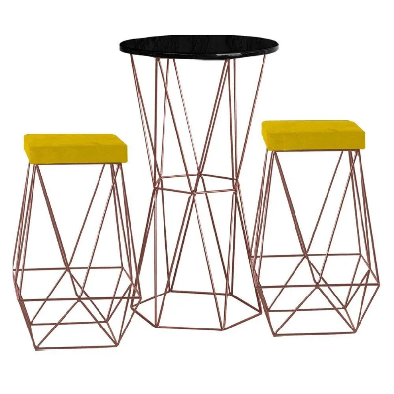 Bistrô Rizzo Preto e Banqueta Kathy Amarelo com Bases Bronze