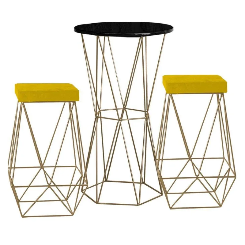 Bistrô Rizzo Preto e Banqueta Kathy Amarelo com Bases Gold