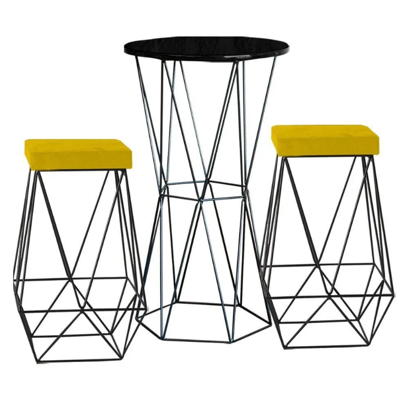 Bistrô Rizzo Preto e Banqueta Kathy Amarelo com Bases Pretas