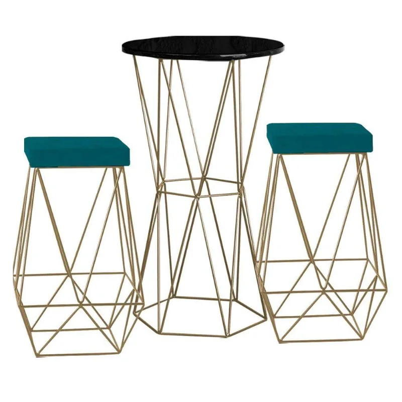 Bistrô Rizzo Preto e Banqueta Kathy Azul Claro Bases Gold
