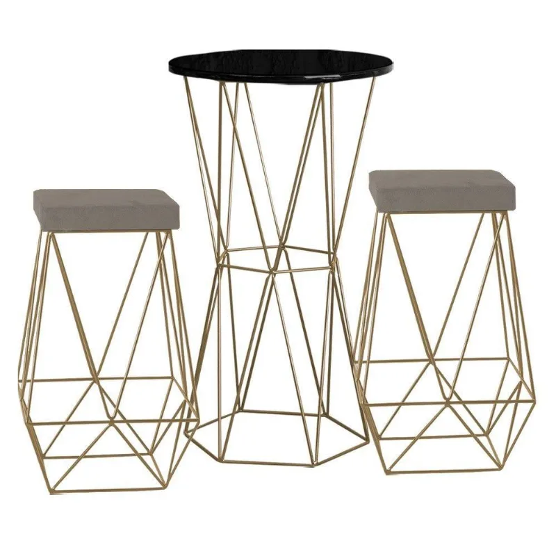 Bistrô Rizzo Preto e Banqueta Kathy Cinza com Bases Gold