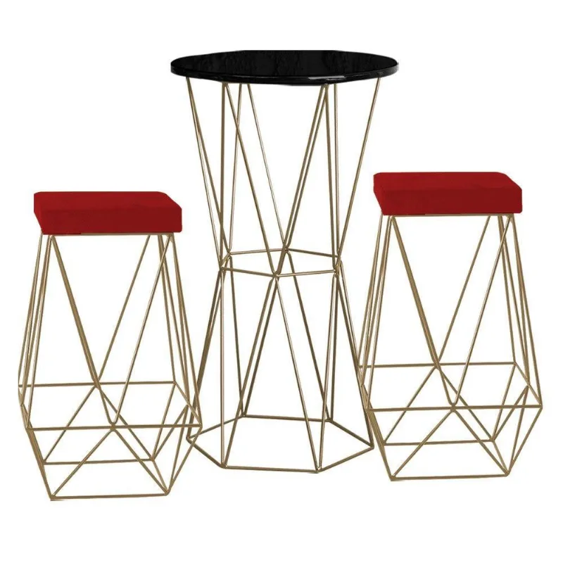 Bistrô Rizzo Preto e Banqueta Kathy Vermelha com Bases Gold - Gran Belo