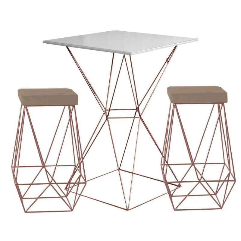 Bistrô Yanca Branco e Banquetas Kathy Cappuccino Bases Bronze