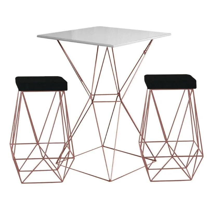 Bistrô Yanca Branco e Banquetas Kathy Preto Bases Bronze