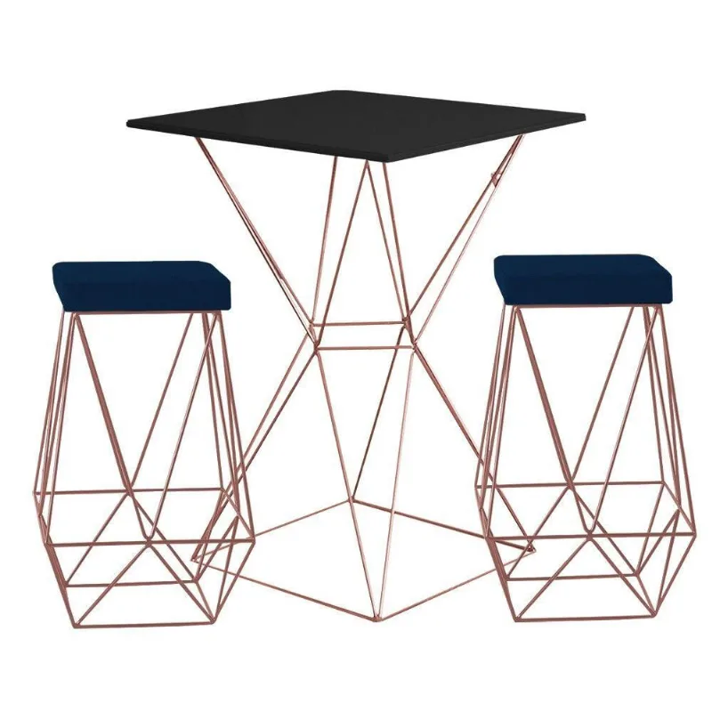 Bistrô Yanca Preto e Banquetas Kathy Azul Bases Bronze