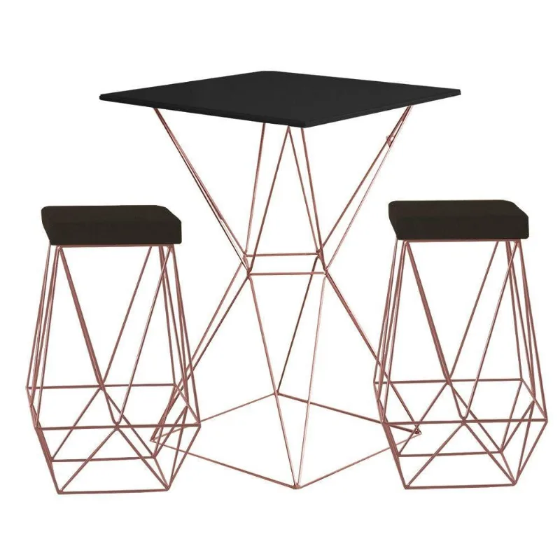 Bistrô Yanca Preto e Banquetas Kathy Marrom Bases Bronze