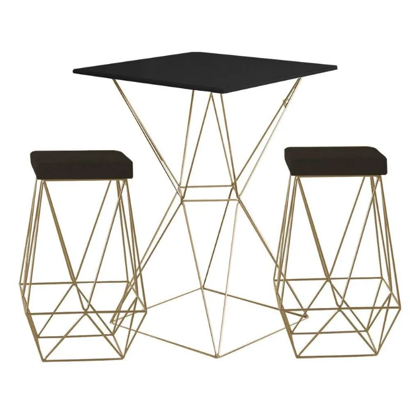 Bistrô Yanca Preto E Banquetas Kathy Marrom Bases Gold
