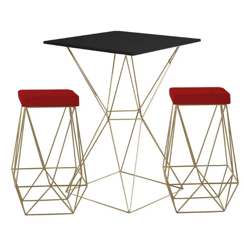 Bistrô Yanca Preto e Banquetas Kathy Vermelho Bases Gold