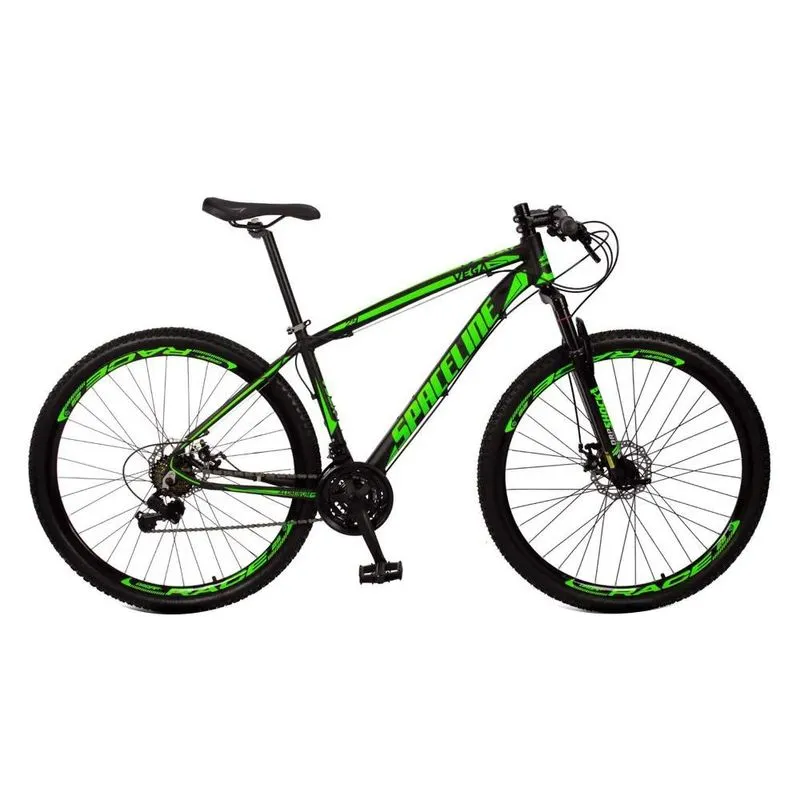 Bicicleta Mtb Vega Aro 29 Quadro 19 Alumínio 21 Marchas Freio Mecânico Preto Verde - Spaceline