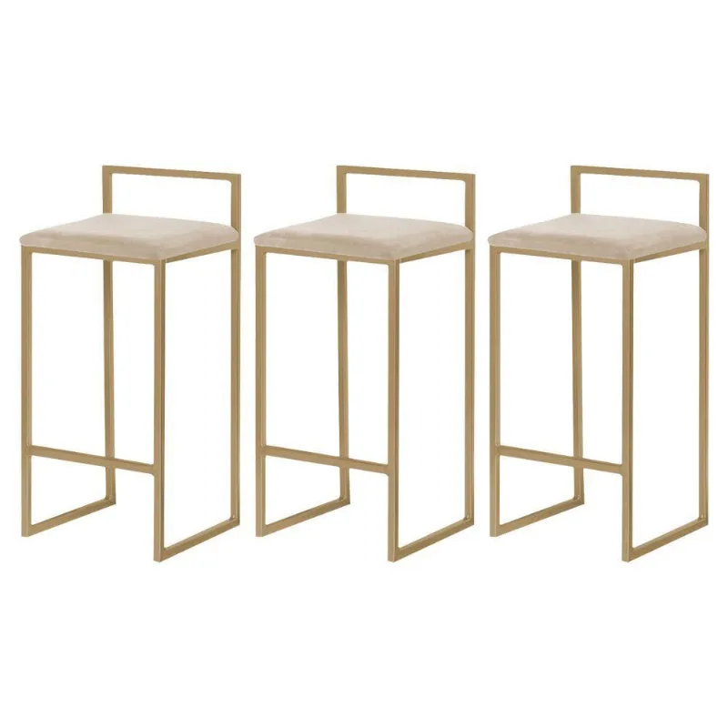 Kit 3 Banquetas Decorativa Jasmine Gold Veludo Bege