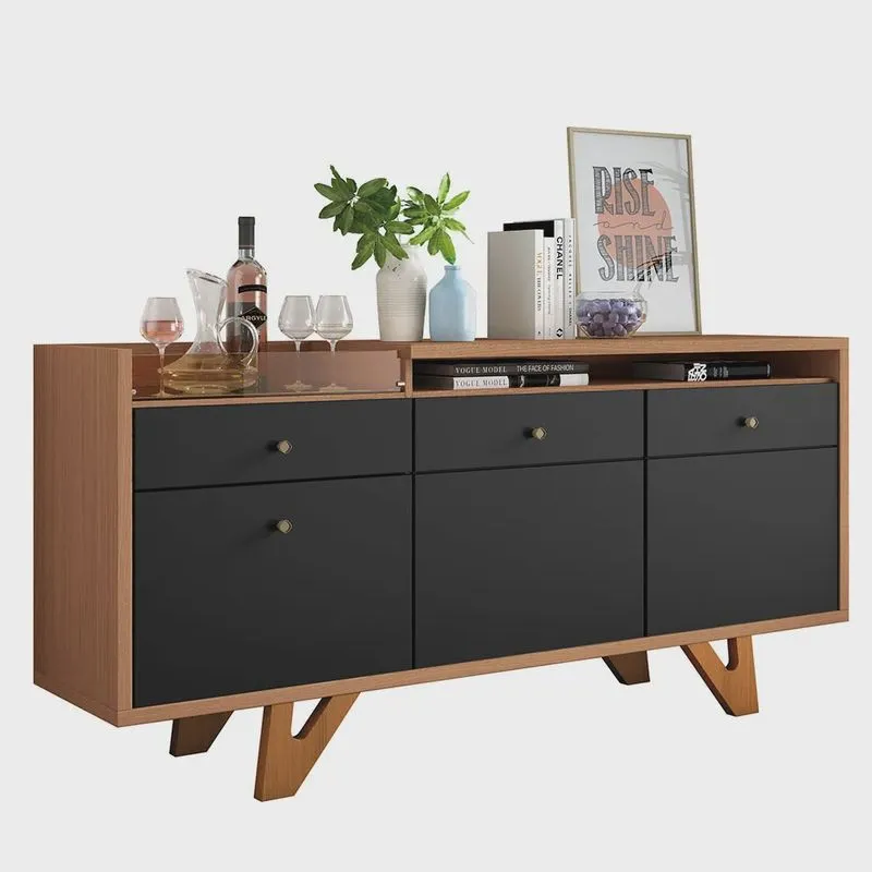 Buffet Aparador Decorativo Noeli Com Bandeja Lateral Estilo Bar Preto / Nature G26 - Gran Belo